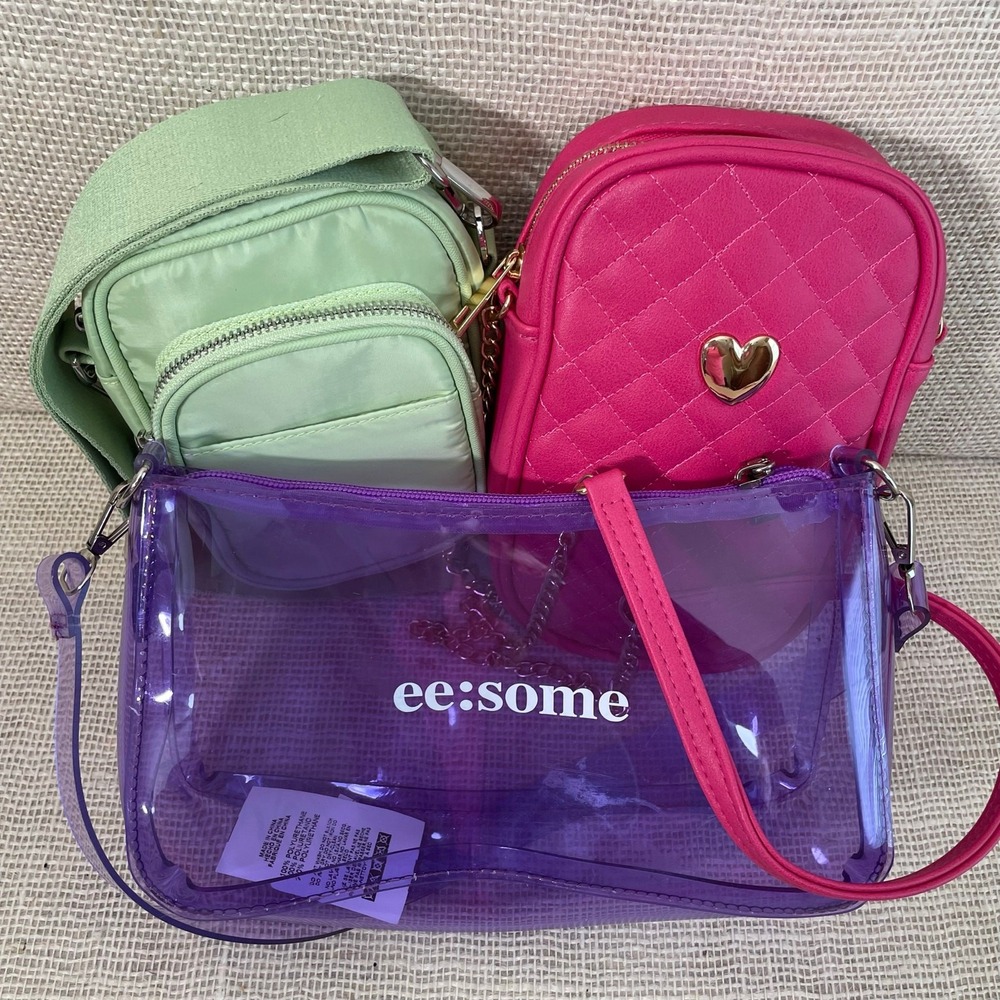 Festival, Concert, Party Pack of 3 Small Purses, Crossbody, Pink, Green, Purp.